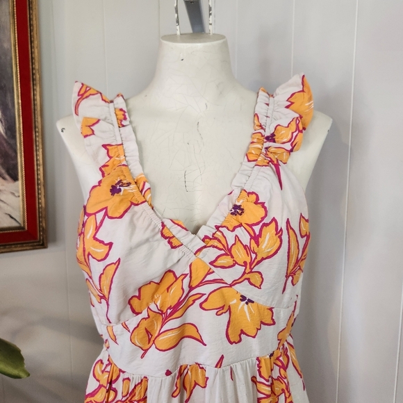 Monteau Los Angeles Orange Floral Tiered Ruffle Midi Dress Womens Size Large New - Picture 3 of 10